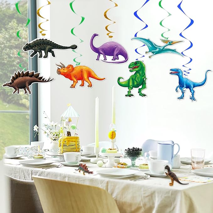 WERNNSAI Dinosaur Hanging Swirls - 21PCS Dinosaur Party Decorations for Birthday Party Ceiling Decorations for Kids Boys Themed Party Supplies Dino Party Favors Glitter Decor Hanging Streamers