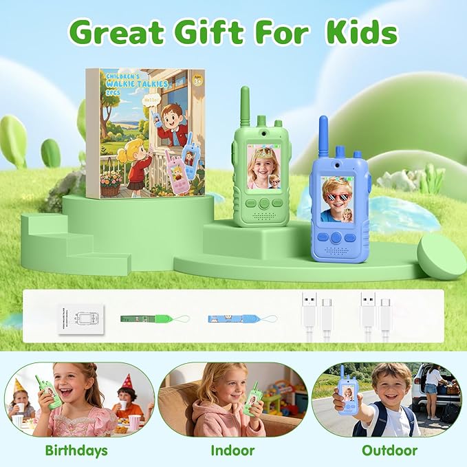 Walkie Talkies for Kids Video Toys, 2Pack Rechargeable Video Intercom Kids Walkies Talkies with 2.0" IPS Screen & Long Range, Outdoor Christmas Birthday Gifts for Boys Girls 3-12 Year Old