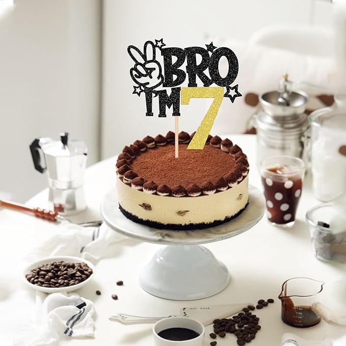 1 PCS Brother I'm 7 Cake Topper Glitter Star Happy 7th Birthday Cake Pick Bro I'm 7 Cake Decoration It's My 7th Birthday Decorations for Boys Cheers to 7 Years Old Birthday Party Supplies Gold