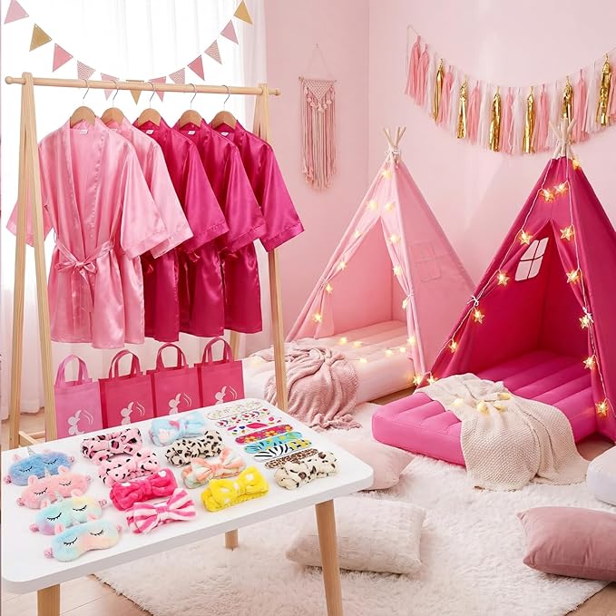 6 Set Sleepovers Teepee Tents Spa Party Robes Supplies Bulk with Inflatable Airbed and Light String, Party Supplies for Birthday Movie Spa Favors Gifts Indoor Outdoor(1 Pink,5 Rose Red)