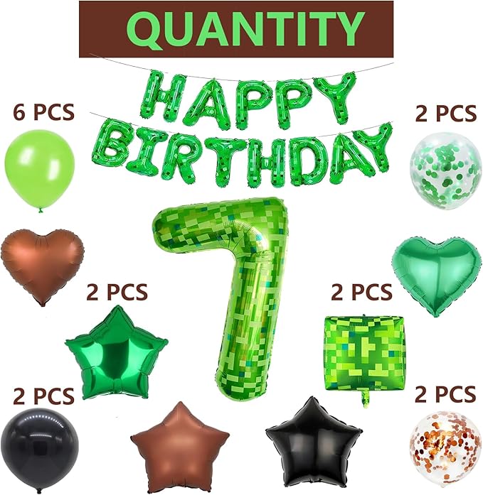 34Pcs Pixel Happy Birthday Party Decorations Set Green Pixel Miner Number 7 Foil Balloon Large Mylar Mining Theme 7th Number Balloons Video Game Party Supplies Cubes Boxes Decor