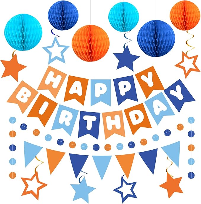 Happy Birthday Decorations for Boys, Blue and Orange Birthday Banner with Honeycomb Balls, Stars Hanging Swirl Streamers, Circle Dots Garland for Birthdays Party Supplies