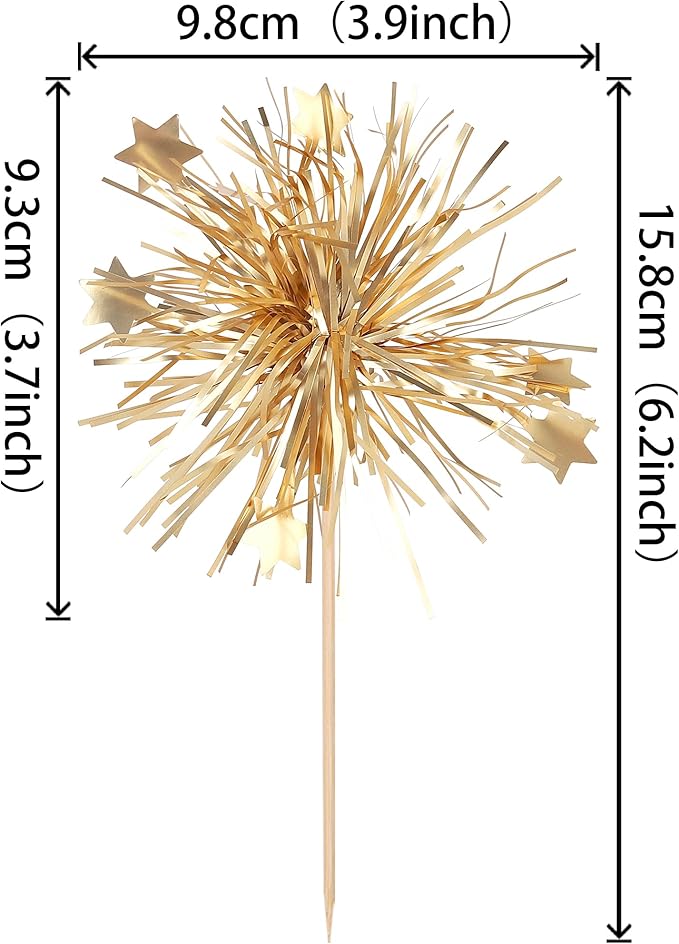 30 PCS Foil Firework Cupcake Toppers Happy Birthday Cake Toppers Star Sparkle Tinsel Flower Drink Stirrers Cocktail Fruit Toothpicks for Valentine's Day Baby Shower Birthday Party Supplies Gold