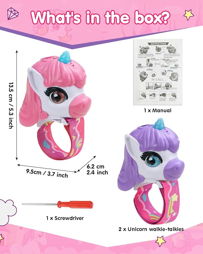 Unicorn Walkie Talkies for Kids 2 Pack with Wrist Strap, Toys for Girls Age 3-10, Long Range 2-Way Radios for Camping, Outdoor Adventure, Birthday