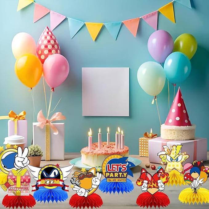 8Pcs Blue Hedgehog Party supplies set Honeycomb Centerpieces Double Sided Table Topper for Birthday Decorations