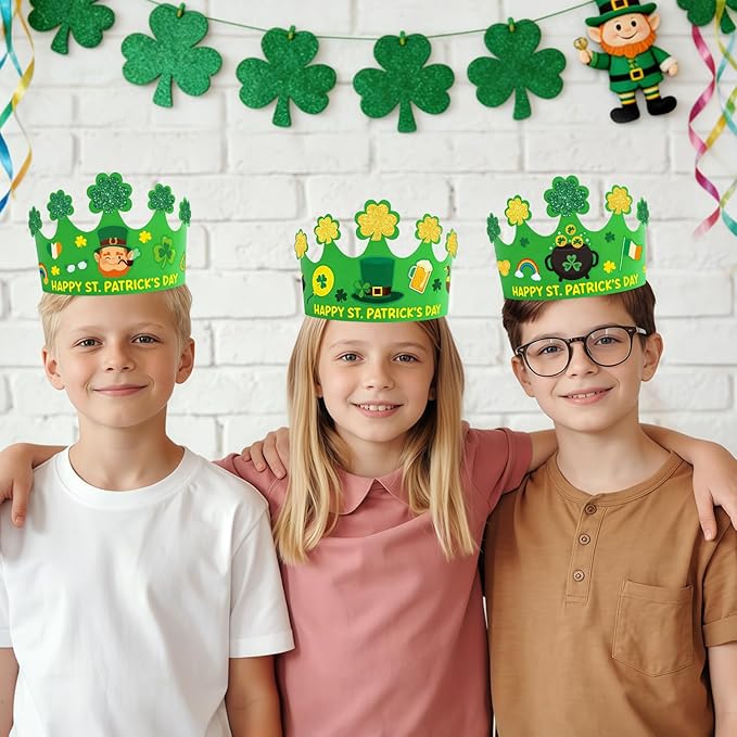 Hedeey 24 Pack St. Patrick's Day Crown Crafts Shamrock Paper Clover Crown Hat with Stickers forIrish St Patricks Holiday Craft Activity Party Favors Supplies