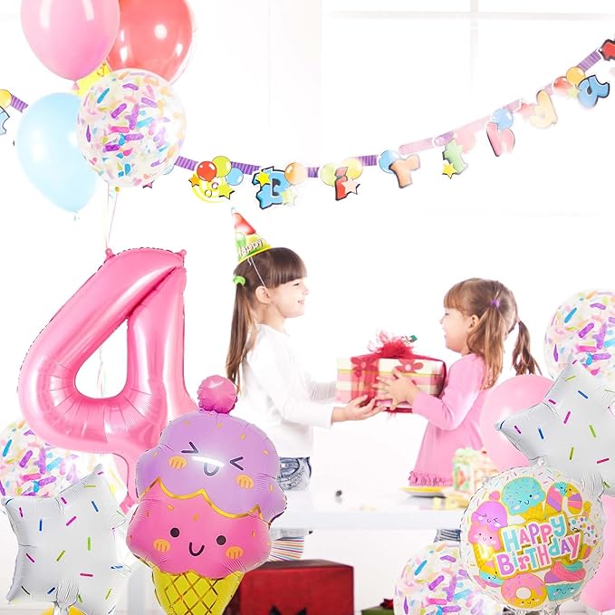 Pink Ice Cream Balloons, Number 4 Balloon, 4 Year Old Birthday Decorations, Ice Cream Balloon for Girls Birthday Party Decoration (4)