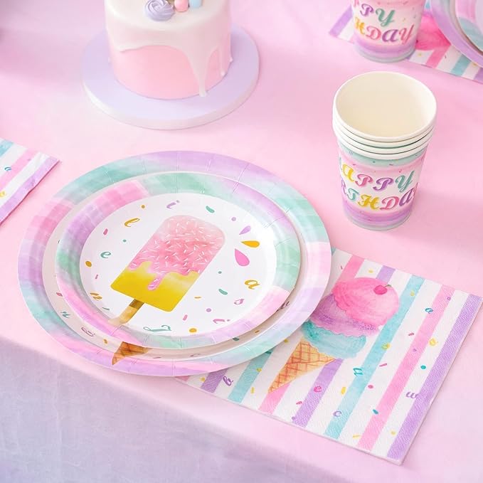 WERNNSAI Ice Cream Plates Napkins and Cups - Ice Cream and Popsicle Theme Party Supplies for Girls Birthday Disposable Tableware Dessert Plates Luncheon Napkins Serves 16 Guests 64PCS
