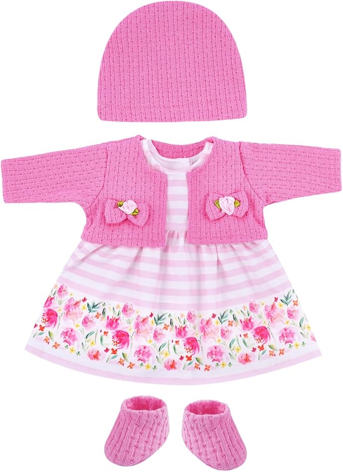 BABESIDE 4 Pcs Baby Doll Clothes and Accessories for 12-16 Inch Dolls, Pink Doll's Clothes and Floral Skirt with Hat for Dolls Accessories