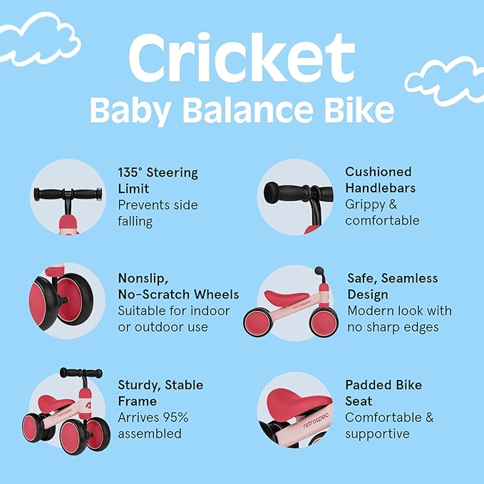 Retrospec Cricket Baby Balance Bike, 4-Wheel Ride-On Toy for Ages 12-24 Months – First Bike & Toddler Bike for 1 Year Old Boys & Girls, First Birthday Gift