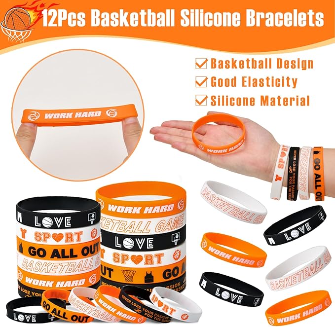 12 Sets Basketball Party Favors Basketball Goodie Bags for Boys Includes Drawstring Bag Silicone Bracelet Keychain Tattoo Sticker for Sports Goodie Bags Basketball Birthday Party Supplies Decor