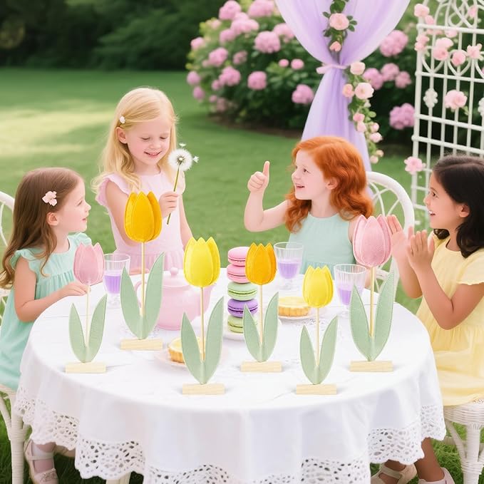 SUNBEAUTY 6Pcs Spring Tulips Flower Table Decoration Easter Tulip Felt Centerpiece Pink Yellow Orange Tulips Floral Tabletop Signs for Easter Garden Birthday Home Party Mothers Day Decor