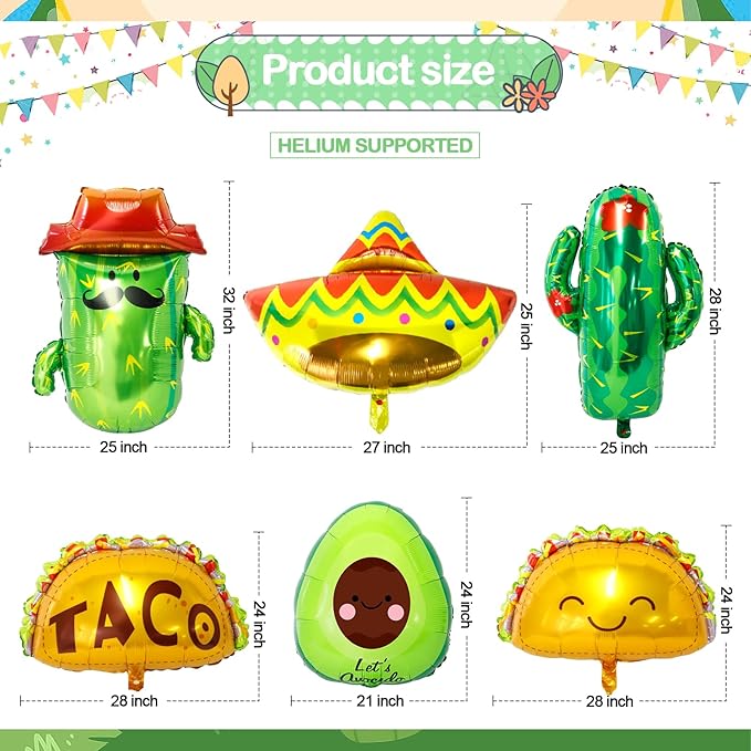 Taco Bar Decorations 13Pcs Mexican Fiesta Party balloons Taco Party Decorations Taco Cactus Avocado Sombrero Balloons Mexican Cinco de Mayo Fiesta Theme Party Decorations