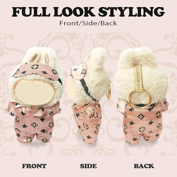 Clothes Compatible with LABUBU Doll - 3PCS Classic Set, 17cm Doll Clothes Designer Outfit for Cozy Night Theme, Stylish Luxury Pajama Accessories for Labubu, No Doll (Rosy Sleepwear Set)