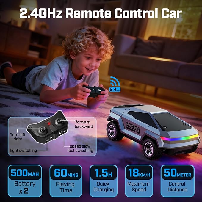 WayEee 1/24 Remote Control Car Cyber RC Truck, RC Cars for Kids with Colorful Lights, 2.4GHz Remote Control, 2 Rechargeable Batteries, 18KM/H Racing Car Toy, for Boys 3 4 5 6 7 8-12