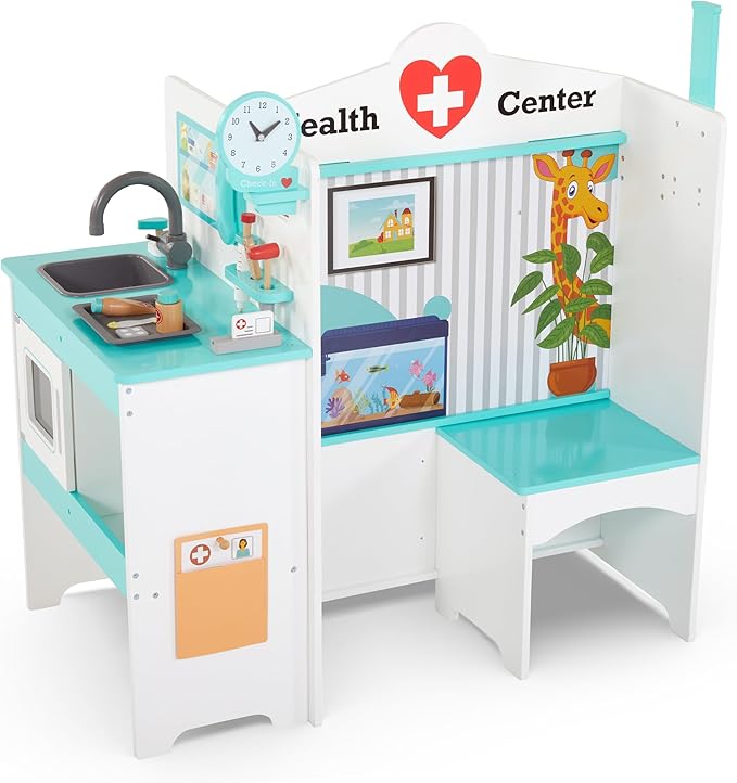 Lil’ Jumbl Wooden Doctor Playset, Multi-Sided Medical Office Activity Center with Exam Room, Check-in & Waiting Areas, Toddler Playset, Doctors Office Pretend Play