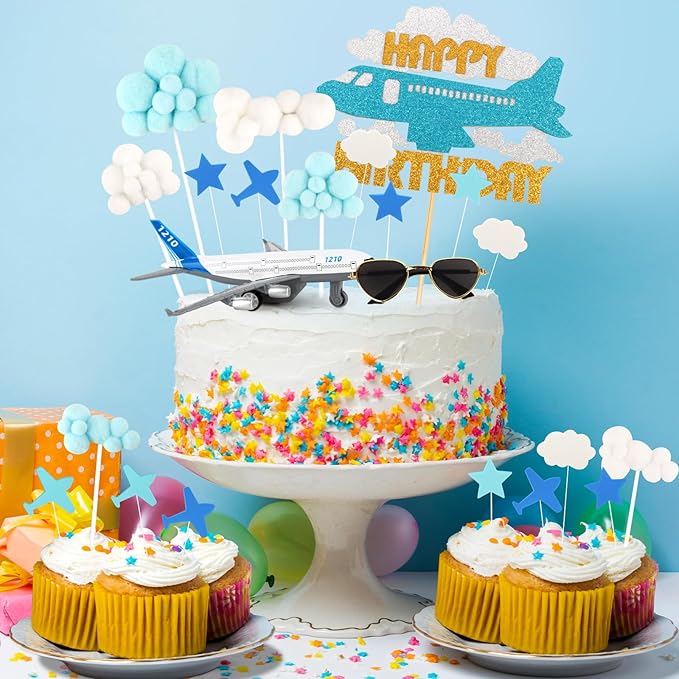 Hooqict 25 Pieces Airplane Cake Topper Decorations with Mini Sunglasses Blue White Cloud Happy Birthday Cake Toppers & Cupcake Toppers for Airplane Themed Party Decorations Supplies