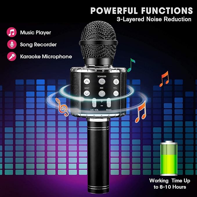ShinePick Karaoke Microphone, 4 in 1 Wireless Microphone with LED Lights Handheld Portable Karaoke Machine, Home KTV Player, Compatible with Android & iOS Devices(Black)