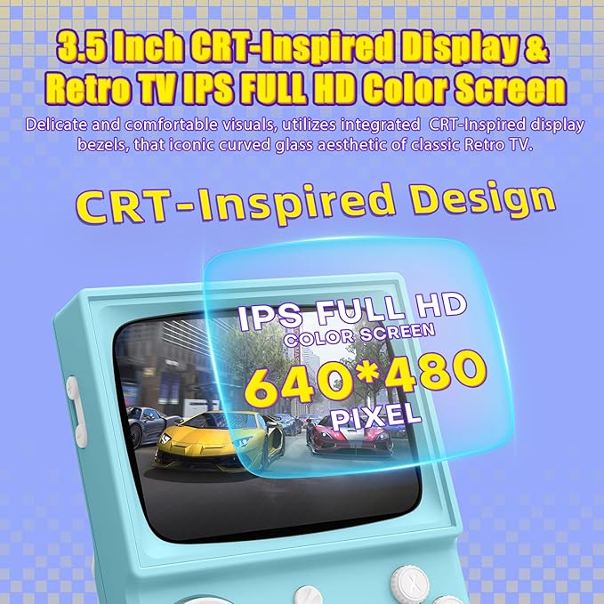 R36T Retro Gaming Console, 3.5'' IPS Screen CRT-Inspired, Handheld Game Console with 22000+ Classic Games Supports WiFi Networked Fighting and OTG, 3500mAh Battery, with Portable Case(Blue 128GB)