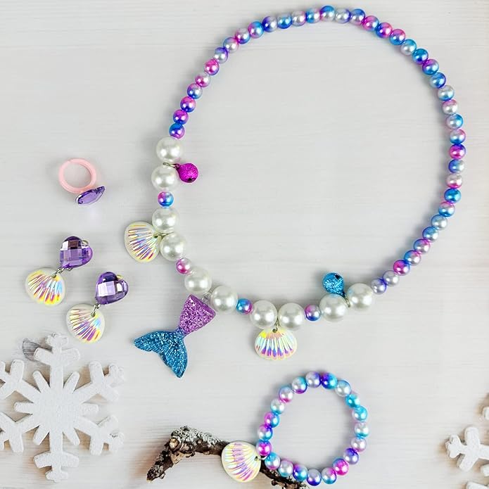 Keenjorika 6pcs Girls Princess Necklace Bracelets Ear Clips Set Mermaid Crown Pendant Colorful Plastic Princess Party Dress Up Pretend Play Christmas Gift