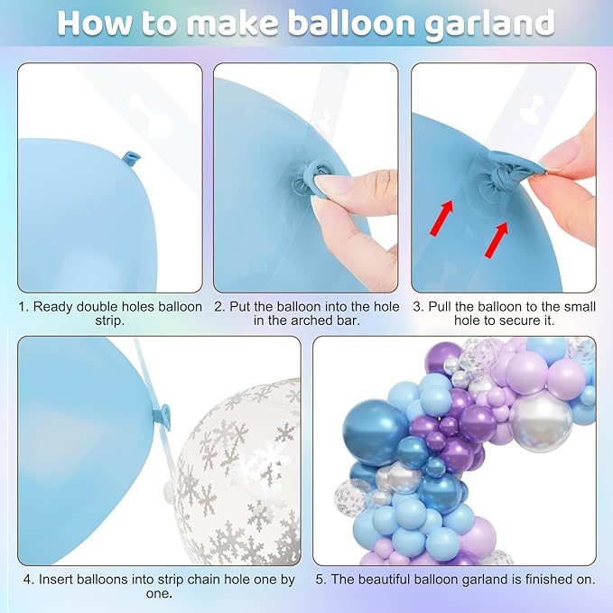 Amandir 153pcs Blue Purple Balloon Garland Arch Kit, Different Sizes 18 12 10 5 inch Blue Purple Pearlescent Metallic Confetti Snow Balloons for Princess Winter Wonderland Girl Baby Party Decorations