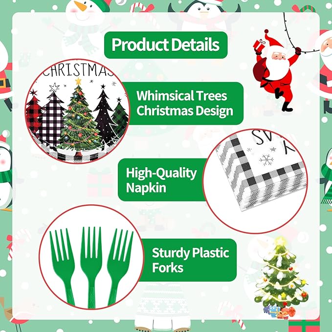 96 Pieces Christmas Tree Tableware Party Supplies – Black and White Buffalo Plaid Disposable Dinnerware with Paper Plates, Napkins, and Plastic Forks for Rustic Winter Celebration – Serves 24