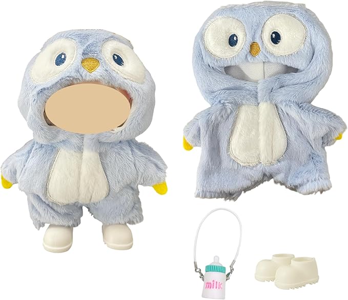 3PCS Animal Costume Outfits for 17cm Dolls, Include Blue Penguin, Brown Rabbit, and Festive Clown Clothes with Shoes and Mini Bottle, Cute Dress Up Accessories, (No Dolls)
