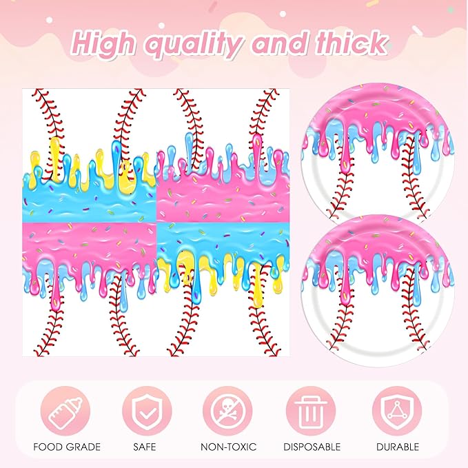 41PCS Ice Cream Drip Baseball Party Decorations Baseball Ice Cream Theme Party Plates and Napkins,Tablecloth,Colorful Sport Party Disposable Dinnerware Set for Kids Birthday Baby Shower Table Decor