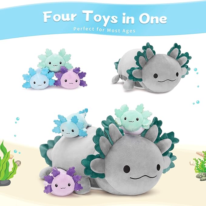 4Pcs Axolotl Plush, Cuddly Stuffed Animal Mommy 24 inch with 3 Baby Plushies in Tummy, Soft Toys Gifts for Kids Girls Boys