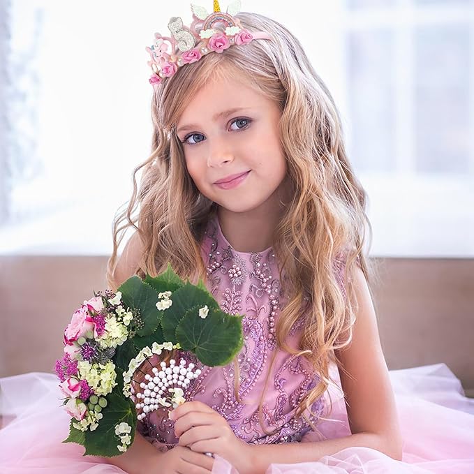 SuPoo 5th Birthday Headband - Pink Flower Crown for Girls' 5th Birthday Party - Cute Princess Tiara Accessory Gift