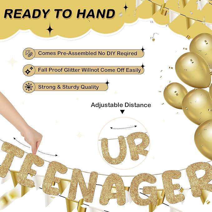 Fulmoon Pre Strung Bruh Ur a Teenager Glitter Banner 13th Birthday Banner Decorations for 13 Year Old Teen Birthday Party Favors Supplies for Boy Girl(Champagne Gold)