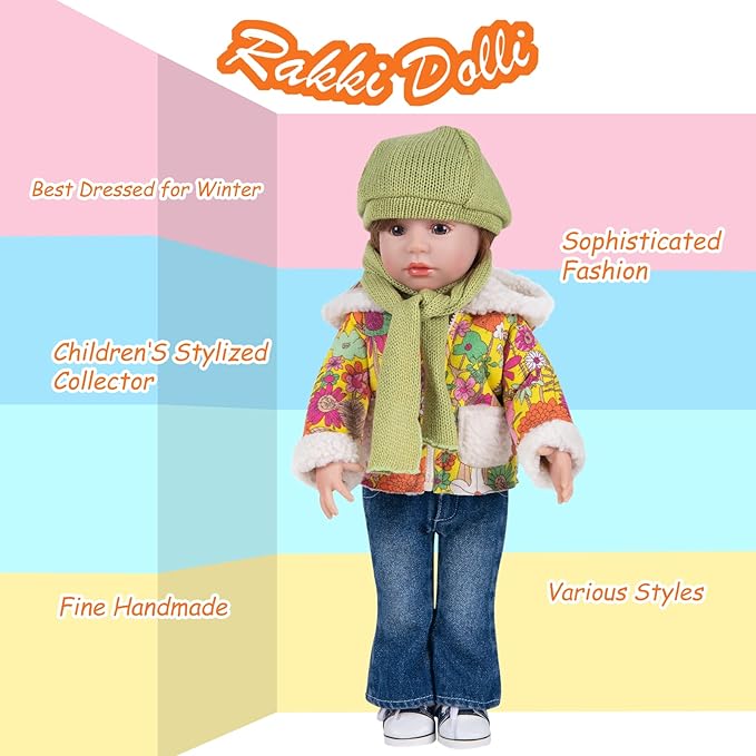 Doll Clothes Set 5 Pc. Set Includes Colorful Yellow Coat, Green Scarf and Hat, Blue Jeans & White T-Shirt Baby Doll Clothes Suit and Accessories (Doll & Shoes Not Included)