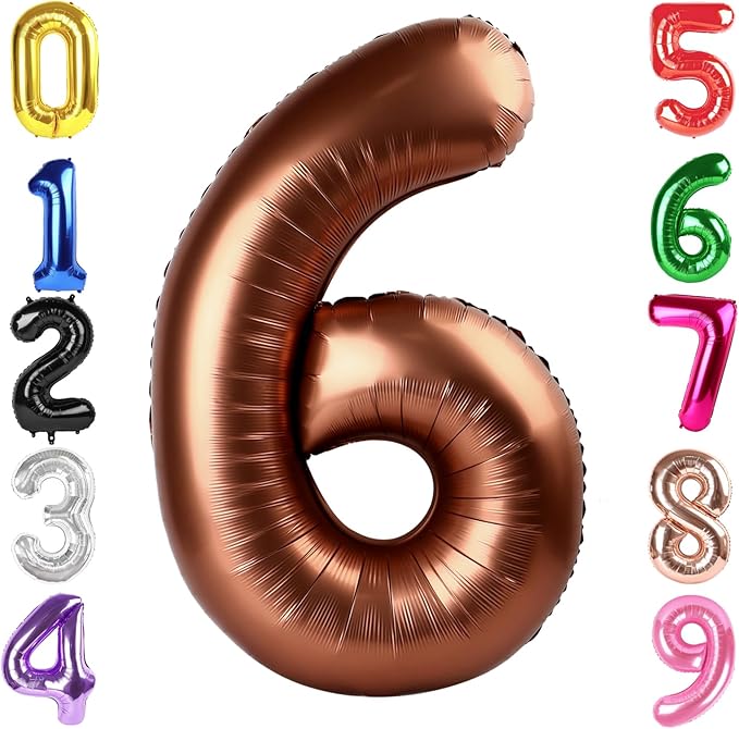 40 Inch Coffee Brown Number 6 Balloon, Giant 6 Number Balloons for 6th Birthday Decorations, Party Supplies for Baby Boy Girl, Coffee Brown Party Decor