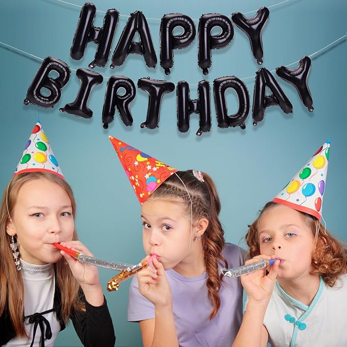 Black Happy Birthday Balloons Banner, 16 Inch Mylar Foil Letters Happy Birthday Sign Bunting Inflatable Reusable 3D Hanging Letter Kit Set for Girls Boys Kids Adults Birthday Decorations