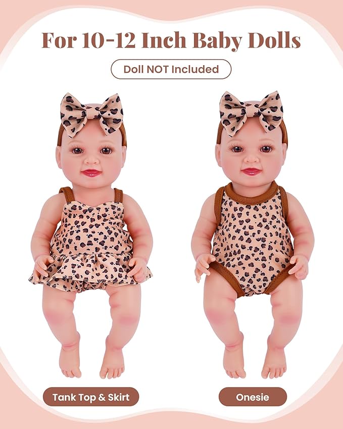 BABESIDE 13Pcs Baby Doll Clothes and Accessories for 10-12 inch Dolls, Baby Doll Feeding and Care Set with Carry Bag, Bottles, Tableware, Baby Doll Outfit for Doll Girl Boy (Leopard Pattern)