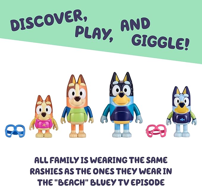 Bluey Toys 4-Pack Exclusive 2.5-3" Chilli, Bingo, Bandit Beach Figurines, Poseable Figures with Bag Outdoor Beach Toy for Kids Accessory