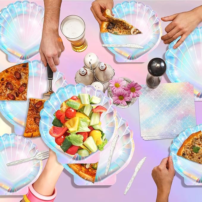Summer Mermaid Party Supplies for Girls Baby Shower Birthday Party Under the Sea Themed Decor Iridescent Shell Plates Napkins Cups Knives Forks Tablecloths Banners Serves 20 Guests 122PCS