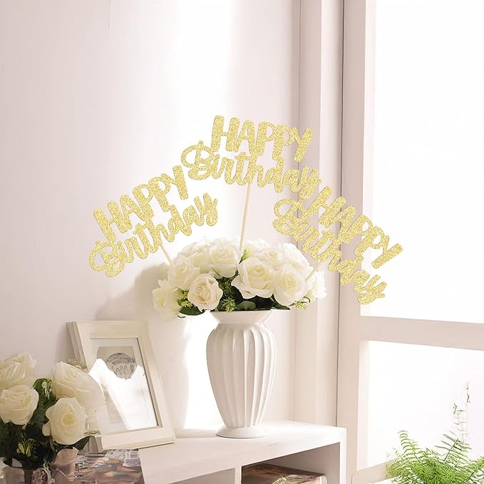 Gyufise 12Pcs Happy Birthday Centerpieces Sticks Double Sided Glitter Birthday Party Decorations Anniversary Table Flower Centerpiece for Celebrating Party Supplies Gold
