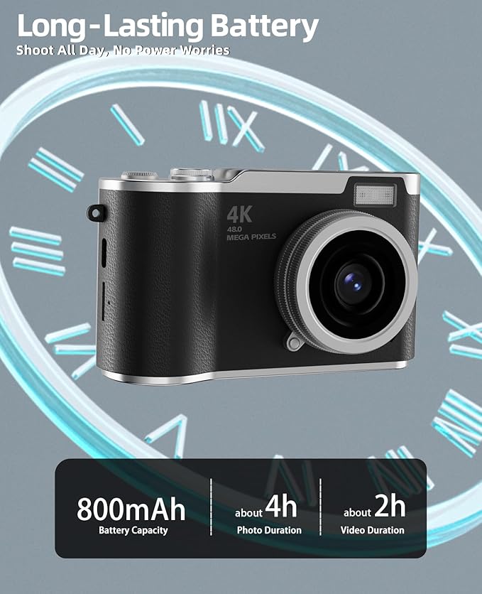 Kids Camera,4K Digital Camera for Photography,48MP 1080P HD Video Selfie Camera,with 180° Flip Screen Flash,with 32GB SD Card,for Starter Kid Children Teen Student Girl Boy(Black)
