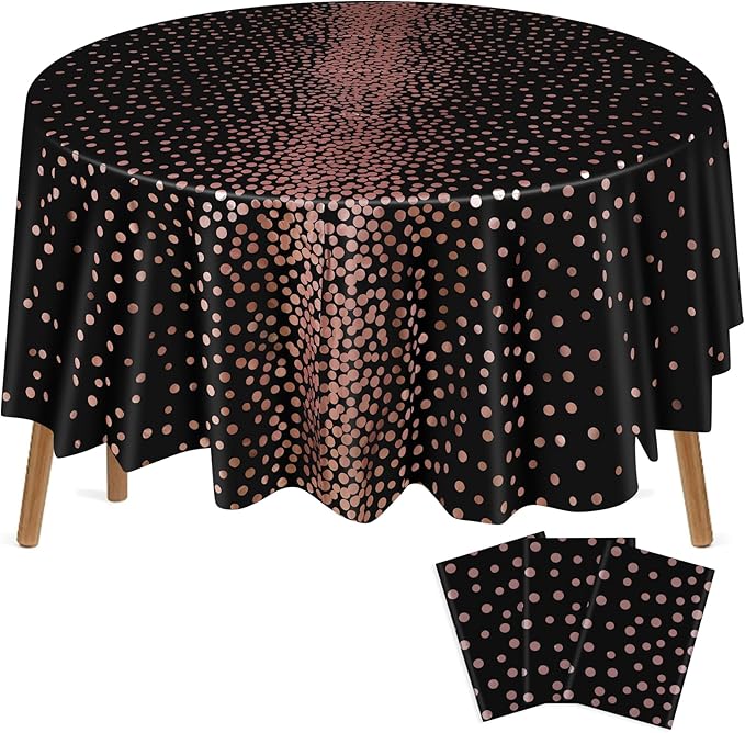 VitalCozy Round Dot Tablecloth 84 Inch Plastic Table Cover Polka Dot Confetti Tablecloths for Easter 2026 Graduation Prom Wedding Birthday Spring Party Supplies(Black and Rose Gold,3 Pcs)