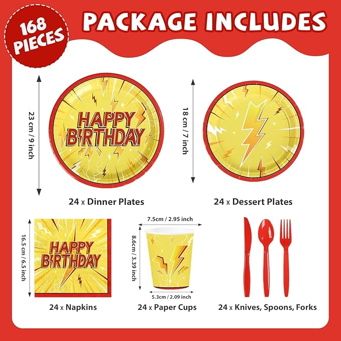 168 Pcs Lightning Bolt Birthday Party Decorations Lightning Paper Plates and Napkins Yellow Red Cartoon Tableware Set for Light Birthdays Baby Shower Party Supplies, Serves 24