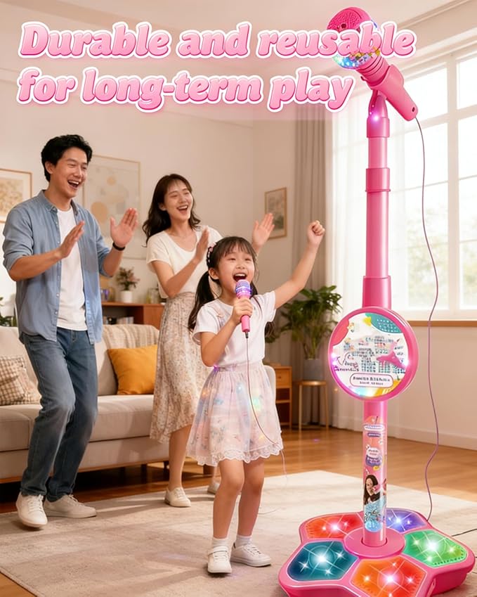 2026 New Kid Star Microphone, Kid Star Microphone with Stand, 5-in-1 Kids Stars Microphones with Adjustable Stand, Speakers and Lights, Compatible with Mobile Phones, for Festival (Pink)