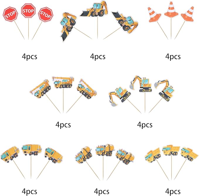 32 Pack Construction Cupcake Toppers Dump Truck Excavator Tractor Party Stop Sign Cupcake Picks Kids Birthday Construction Theme Baby Shower Party Cake Decorations Supplies
