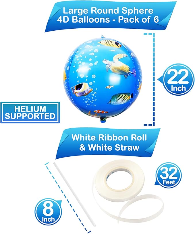 KatchOn, Sea Turtle Balloons for Birthday - Big 22 Inch, Pack Of 6 | Round 4D Under The Sea Balloons for Ocean Theme Party Decorations | Ocean Balloon for Turtle Birthday Decorations,Baby Shower Decor