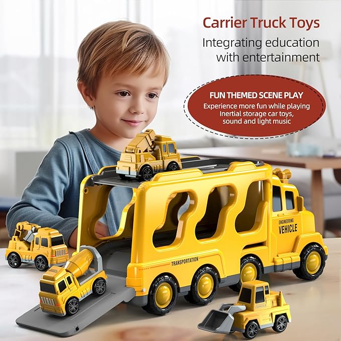 5 in 1 Construction Trucks Cars Toys for Toddlers 3-5, Boy Toddler Car Truck Toys with Light Sound, Includes Crane, Mixer, Bulldozer & Excavator, Birthday Gifts Toys for 2 3 4 5 Year Boys