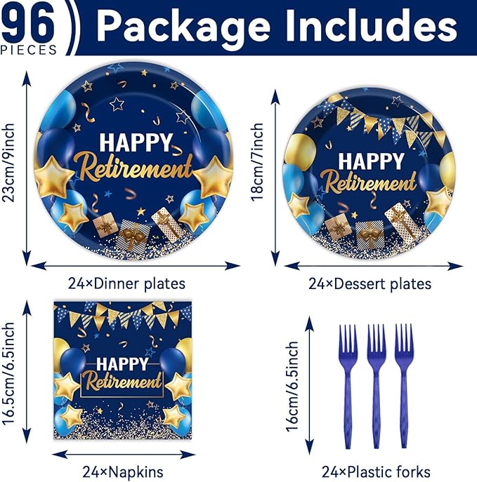 96 Pcs Retirement Party Supplies Paper Plates Napkins Blue Gold Happy Retirement Party Tableware Decorations Favors for Men Women Decor Serves 24