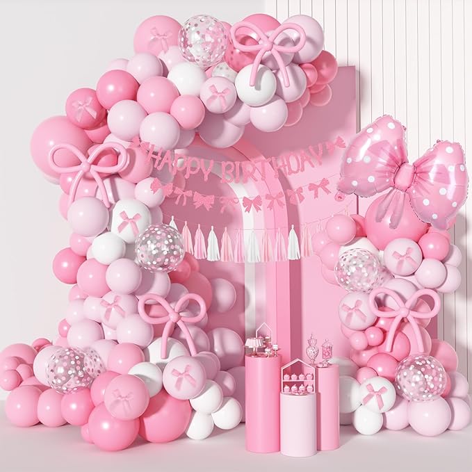 Ouddy Life Pink Bow Birthday Decorations, Coquette Themed Party Supplies with Light Pearl Pink White Confetti Long Balloons Happy Birthday Banner Paper Tassel Cake Toppers for Women Girls Baby Shower