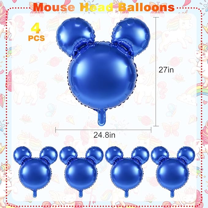 4 Pcs Mouse Head Foil Balloons, 24'' Mouse Mylar Balloon for Birthday Party Decorations Jumbo Mouse Head Aluminum Foil Balloons Party Favors Supplies (Dark Blue)