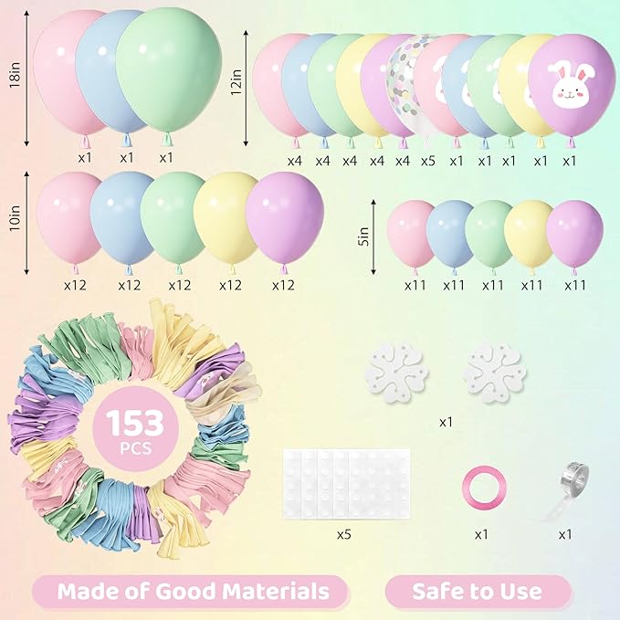 Amandir 153pcs Easter Balloon Arch Garland Kit, Different Sizes 18 12 10 5 inch Pink Blue Green Latex Rabbit Print Confetti Pastel Balloons for Spring Wedding Rainbow Birthday Party Decorations