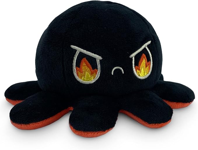TeeTurtle Reversible Octopus Plushie - 4-Inch Angry Red + Rage Black Two-Sided Flip Plush Toy with Embroidered Details - Cute Mini Collectible Plush for Kids, Teens, and Adults